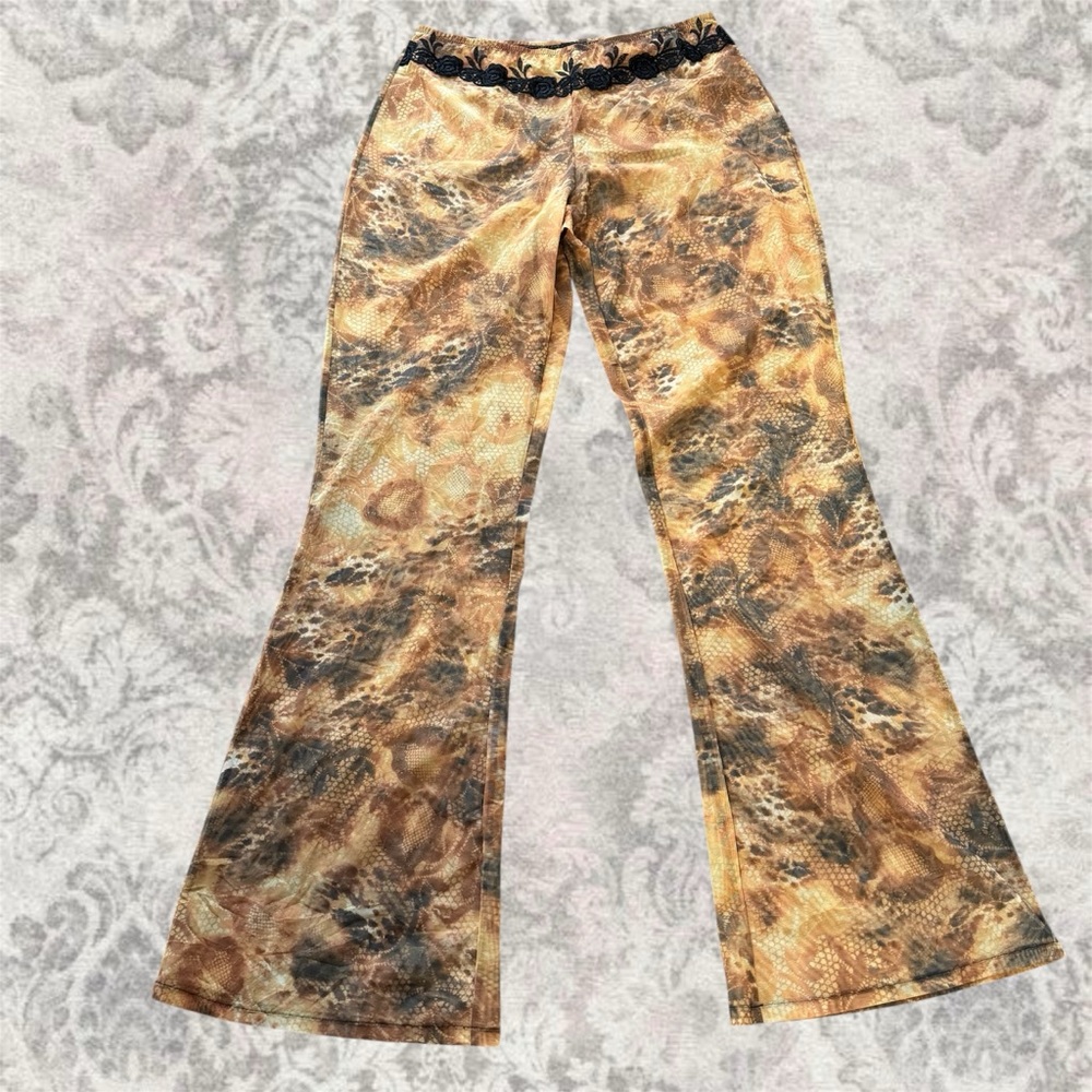 Flared Snake Leopard Print Mesh Women’s Small Y2K Festival Sheer Pants